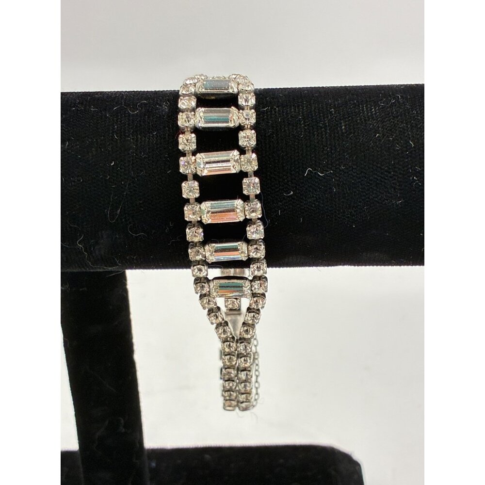 Vintage Pronged Rhinestone Bracelet With Safety Chain